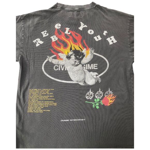 Civil Regime M Rebel Youth Angel Fire Black Washed Distressed Oversized Tee - Picture 3 of 12